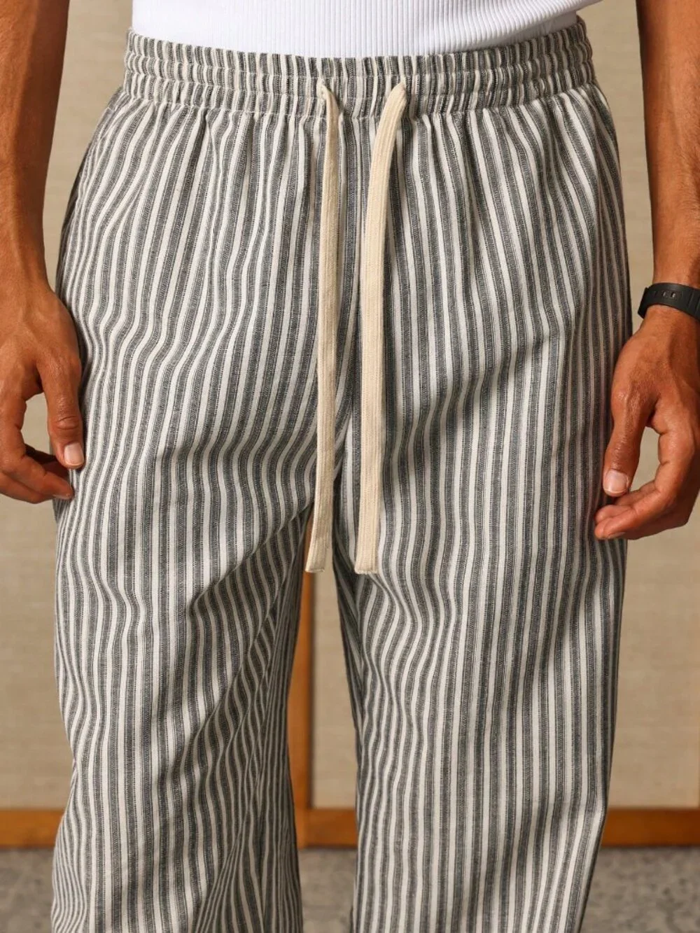 Grey Striped Men's Loose Elastic Waist Straight Lounge Pants